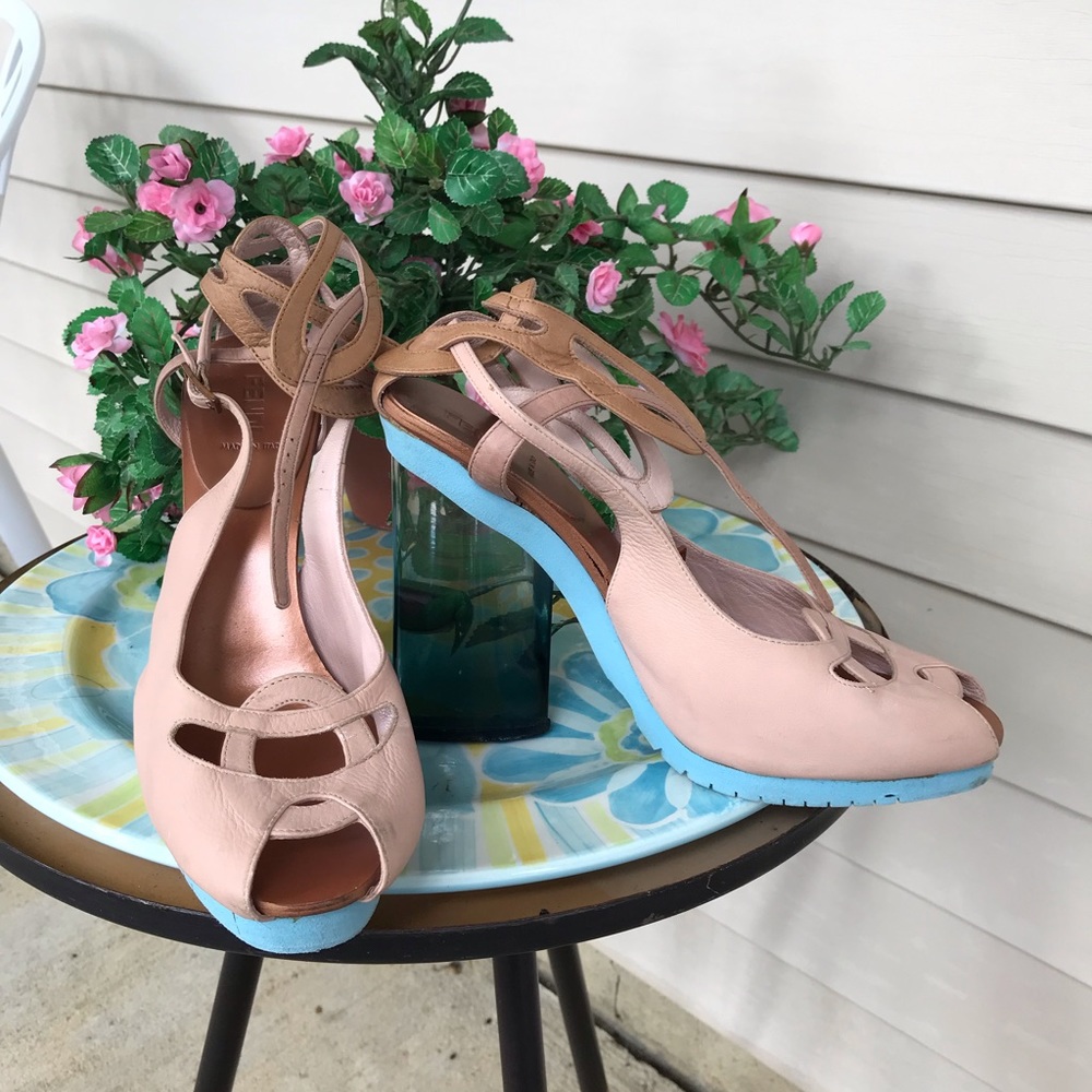 Authentic Fendi pink and blue leather ankle strap Plexi heel sandals size 39